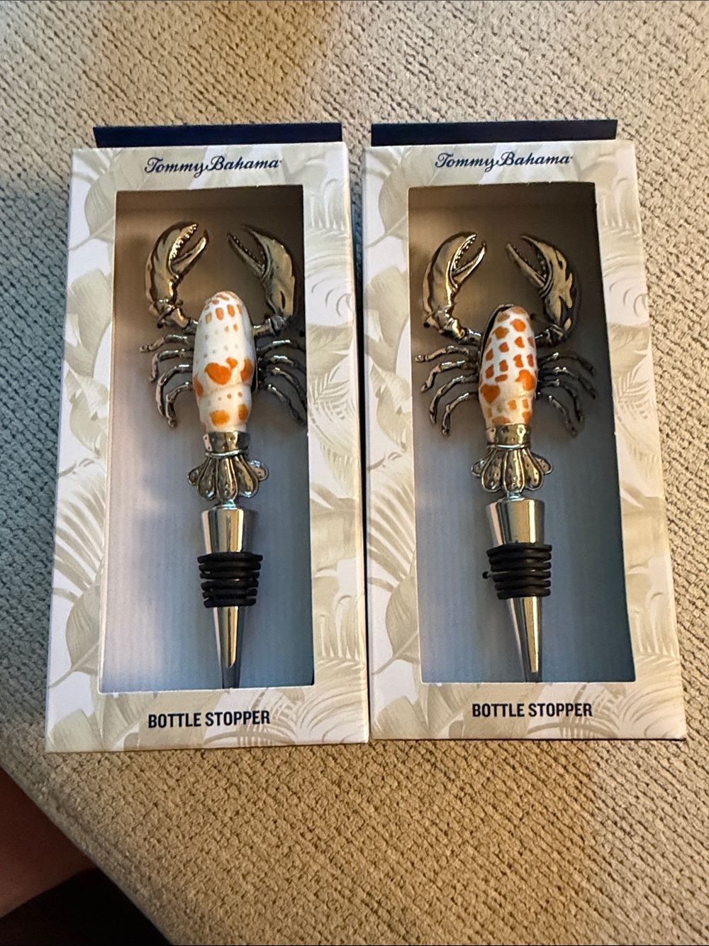 Tommy Bahama Crab Bottle Stoppers with White & Orange Ceramic Tops (Pair)